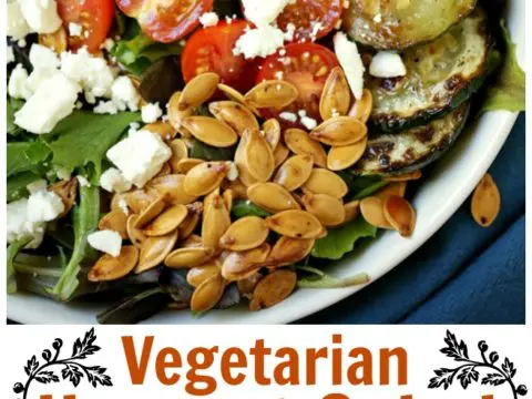 A tasty fall-inspired Vegetarian Harvest Salad, that features oven-roasted vegetables, pumpkin seeds, and cherry tomatoes. This fall harvest salad is topped with your favorite brand of balsamic vinegar and then sprinkled with feta cheese.