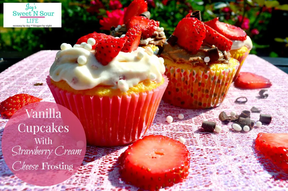 Delicious moist Vanilla Cupcakes with homemade Strawberry Cream Cheese Frosting. Perfect for parties, celebrations, or just sweet treats for any time of the year.