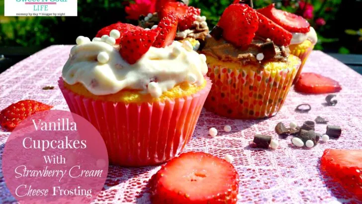 Delicious moist Vanilla Cupcakes with homemade Strawberry Cream Cheese Frosting. Perfect for parties, celebrations, or just sweet treats for any time of the year.