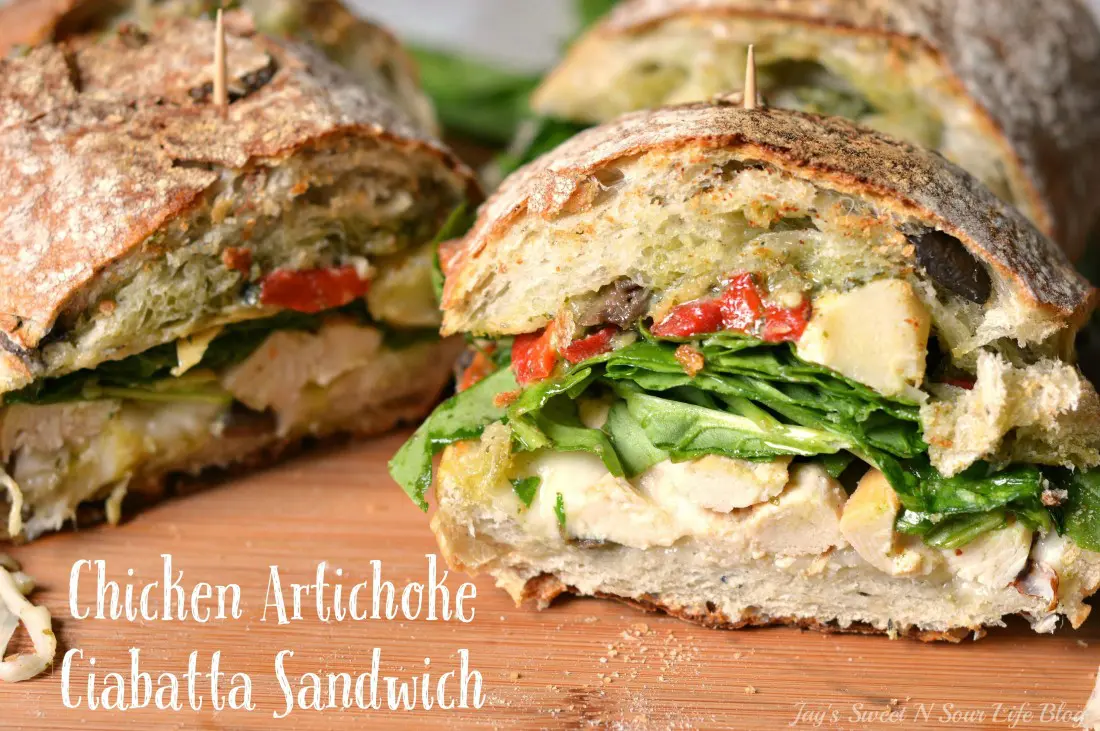 This Tuscan-inspired Chicken Artichoke Ciabatta Sandwich is loaded with roasted red peppers, artichokes, grilled chicken, fresh spinach, deli-sliced provolone cheese, and Pesto sauce. The perfect balance of sweet and savory, it's the perfect way to mix up your normal lunchtime routine.