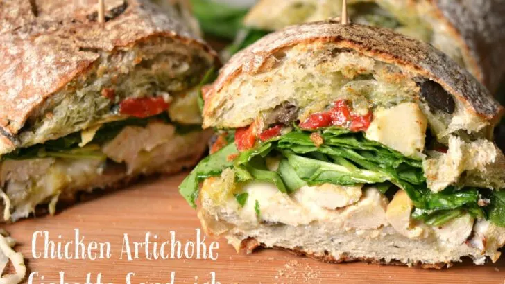 This Tuscan-inspired Chicken Artichoke Ciabatta Sandwich is loaded with roasted red peppers, artichokes, grilled chicken, fresh spinach, deli-sliced provolone cheese, and Pesto sauce. The perfect balance of sweet and savory, it's the perfect way to mix up your normal lunchtime routine.