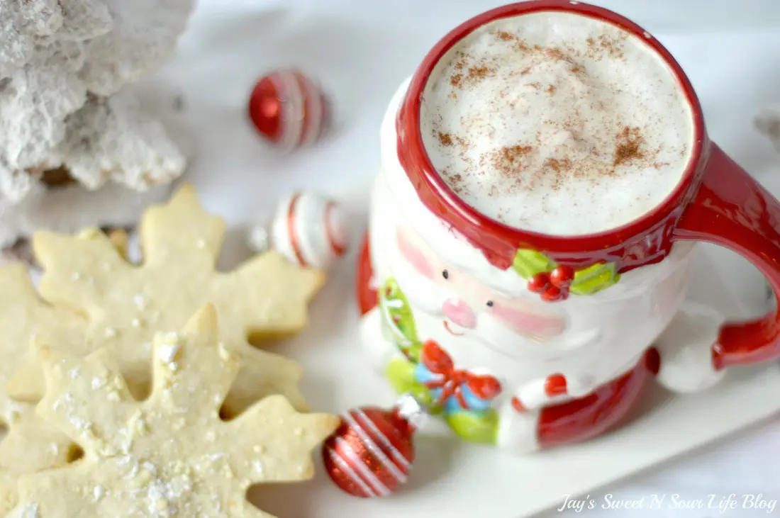 Santas milk and cookies latte Hero 4.3. Treat Santa to his very own Santa's Milk and Cookies Latte, paired with a buttery snowflake cookie perfect for dipping. No milk frother needed, this delicious sugar cookie flavored latte and snowflake cookies make the perfect holiday treat duo.