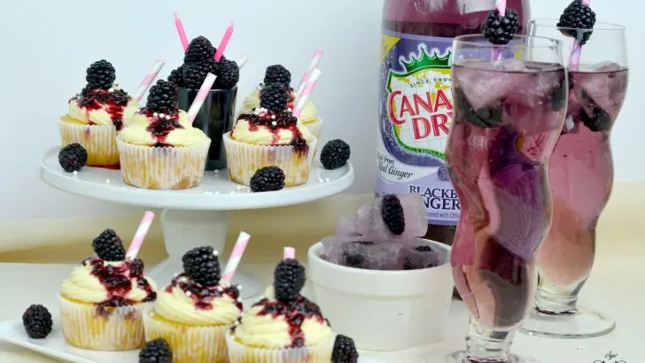 A delicious light and fluffy Blackberry Ginger Ale Cupcakes are filled with fresh blackberry filling. Then topped with a homemade cream cheese frosting and more blackberry compote.