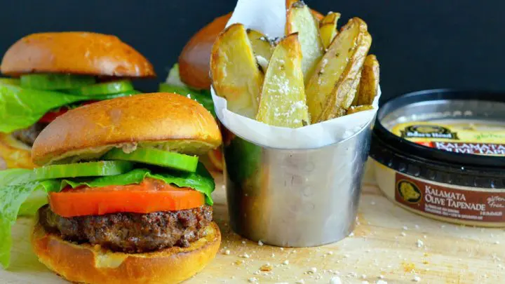 Mediterranean Bison Burger and Fries Table. Deck the halls and your home with the smell of delicious fresh made Mediterranean Bison Burger and fries using Boar's Hummus as a spread.