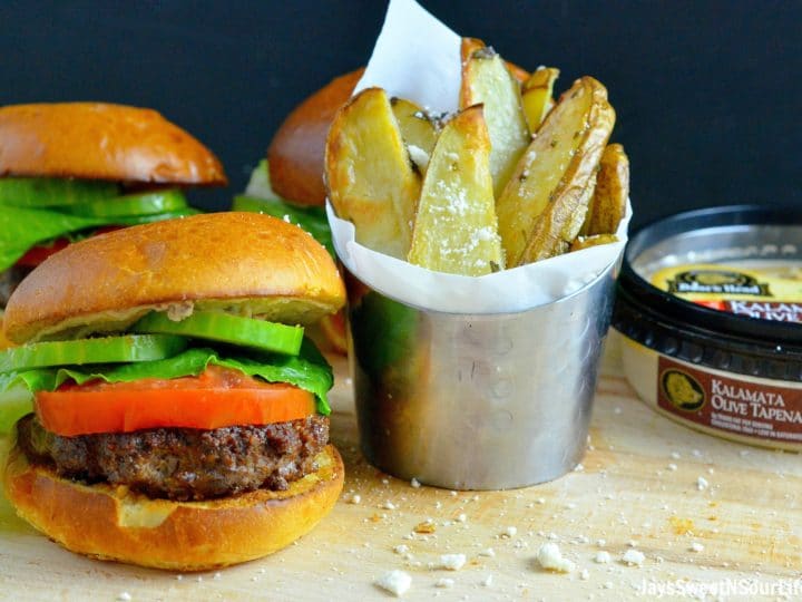 Mediterranean Bison Burger and Fries Table. Deck the halls and your home with the smell of delicious fresh made Mediterranean Bison Burger and fries using Boar's Hummus as a spread.