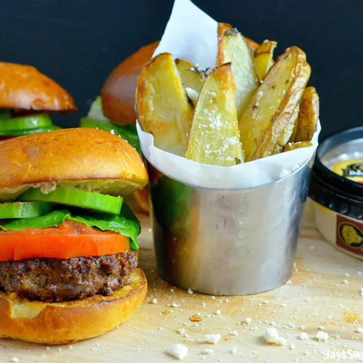 Mediterranean Bison Burger and Fries Table. Deck the halls and your home with the smell of delicious fresh made Mediterranean Bison Burger and fries using Boar's Hummus as a spread.