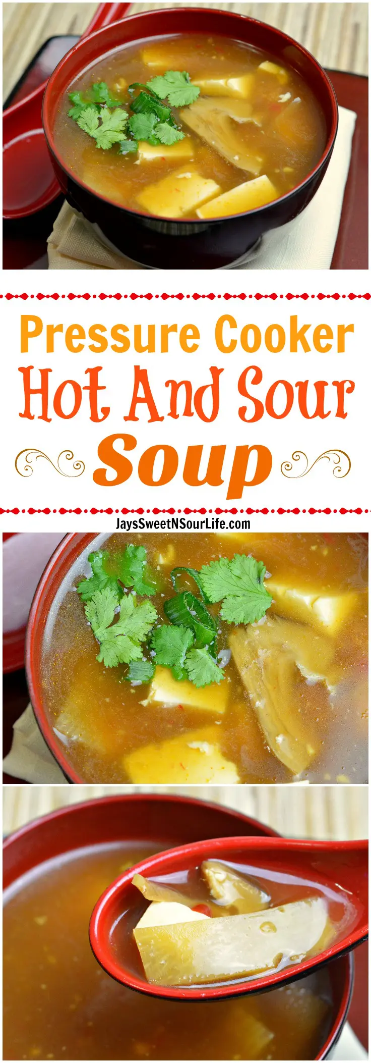 Instant Pot Hot and Sour Soup. Enjoy a warm bowl of Instant Pot Hot and Sour Soup with the family. Made with or without your favorite tofu, this meatless traditional Chinese soup is an easy weeknight dinner option. Inside of a flavorful hot and sour broth, you will find bamboo shoots, fresh cilantro, and more.