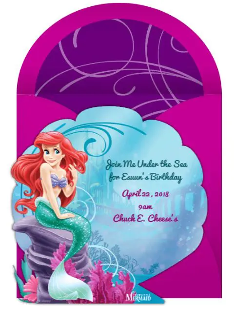 Create your own custom email invitations when you book your Chuck E. Cheese VIP Birthday Party. Create invitations such as this one with Disney's Little Mermaid Ariel.