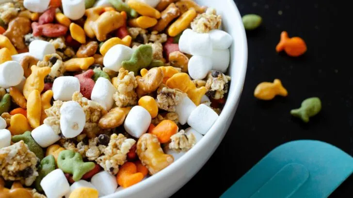 Goldfish crackers are my go-to! My families favorite on the go trail mix is sweet and oh so delicious. Try this Goldfish Trail Mix and take it on the go with your family to theme parks, parks, or your back yard.