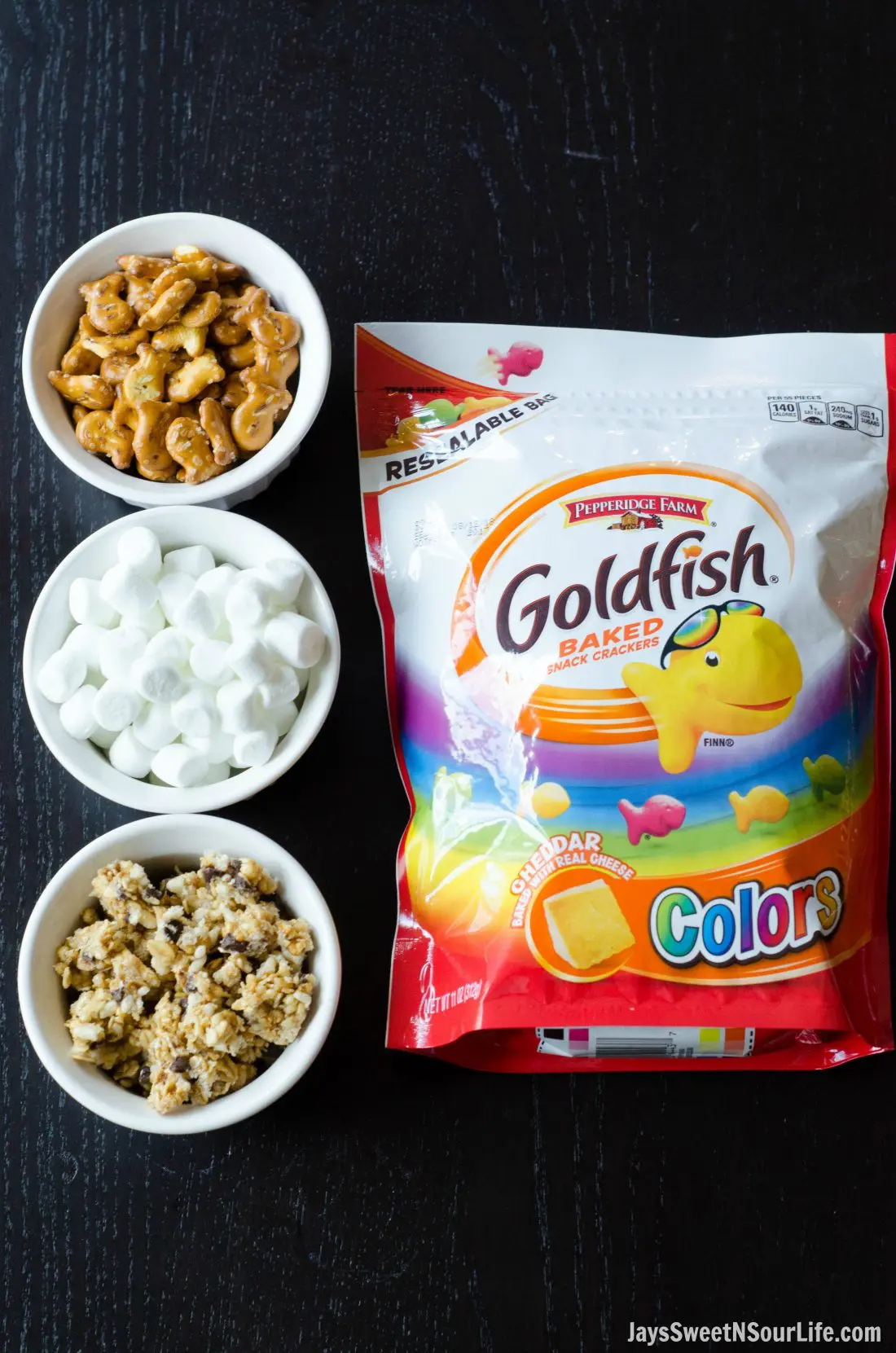 Creating the Goldfish Trail Mix is as easy as combing these 4 ingredients together. Mix them up and take your Goldfish Trail Mix on the go.