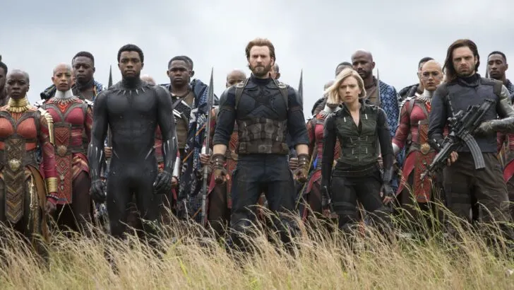 Marvel Studios' AVENGERS: INFINITY WAR..L to R: Okoye (Danai Gurira), Black Panther/T'Challa (Chadwick Boseman), Captain America/Steve Rogers (Chris Evans), Black Widow/Natasha Romanoff (Scarlet Johansson) and Winter Soldier/Bucky Barnes (Sebastian Stan)..Photo: Chuck Zlotnick..&copy;Marvel Studios 2018