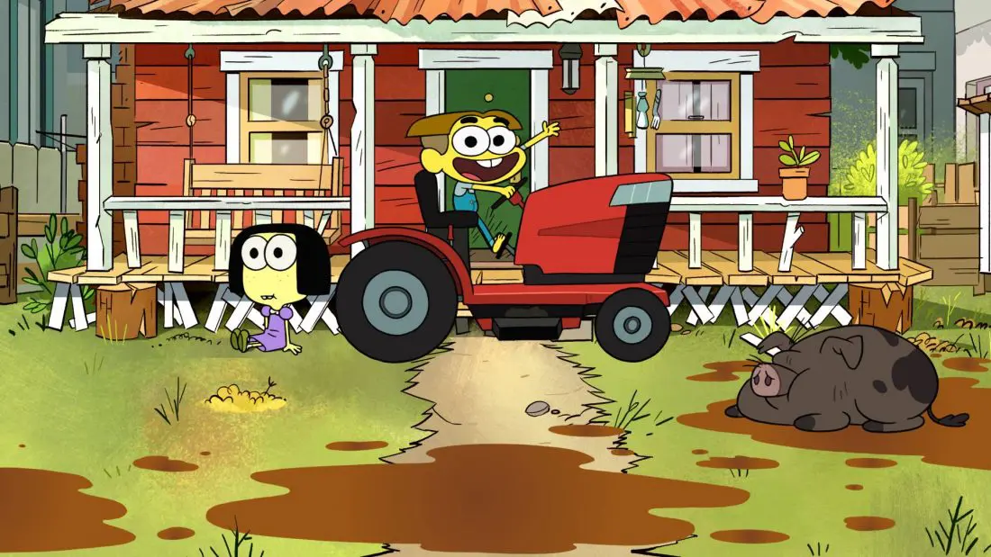 Disney Channels Big City Greens debuts June 15th. Disney Channels Big City Greens boy sitting on tracker with girl standing next to him.