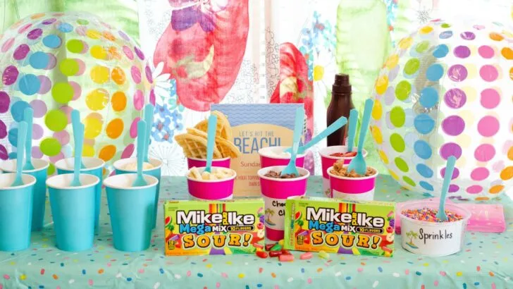Create your very own Beach Sundae Party Table spread. Include your childrens favorite candy toppings including the new Mike and Ike MegaMix Sour Candy.
