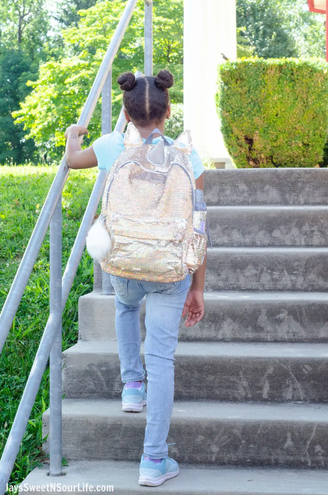Justice Back To School Unicorn Backpack Lifestyle Shot. Back To School Must Have Fashion For Tweens via JaysSweetNSourLife.com