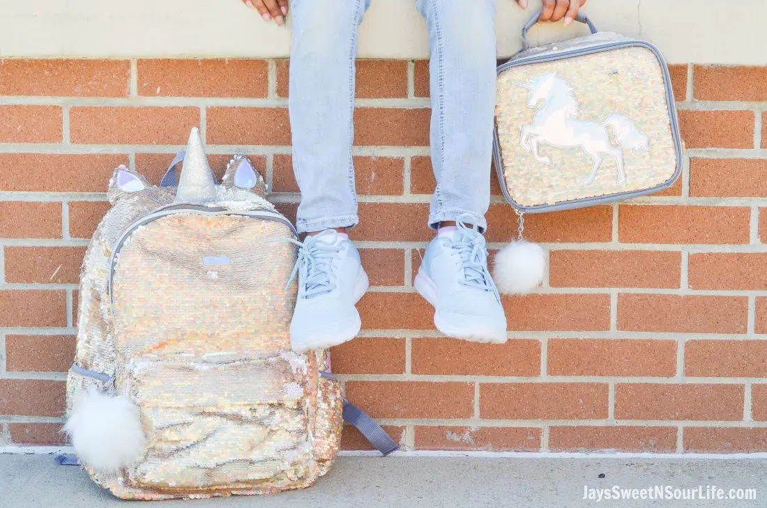 Justice Back To School Unicorn Backpack Lunchbox Lifestyle Shot. Back To School Must Have Fashion For Tweens via JaysSweetNSourLife.com
