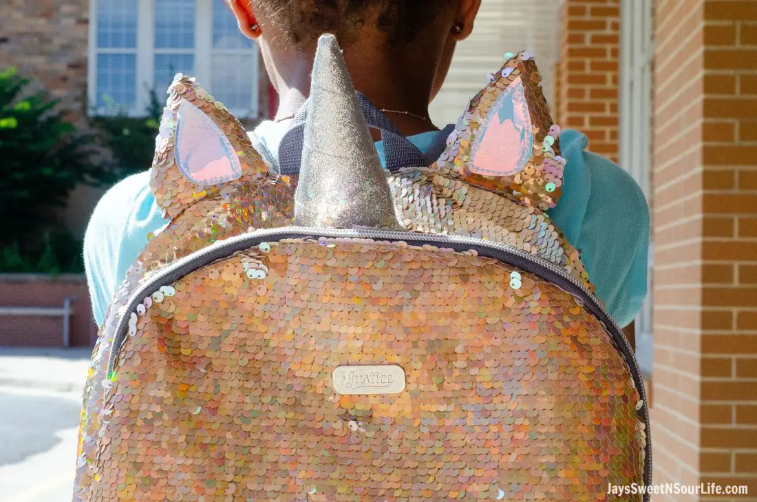 Justice Back To School Unicorn Backpack closeup.Back To School Must Have Fashion For Tweens via JaysSweetNSourLife.com