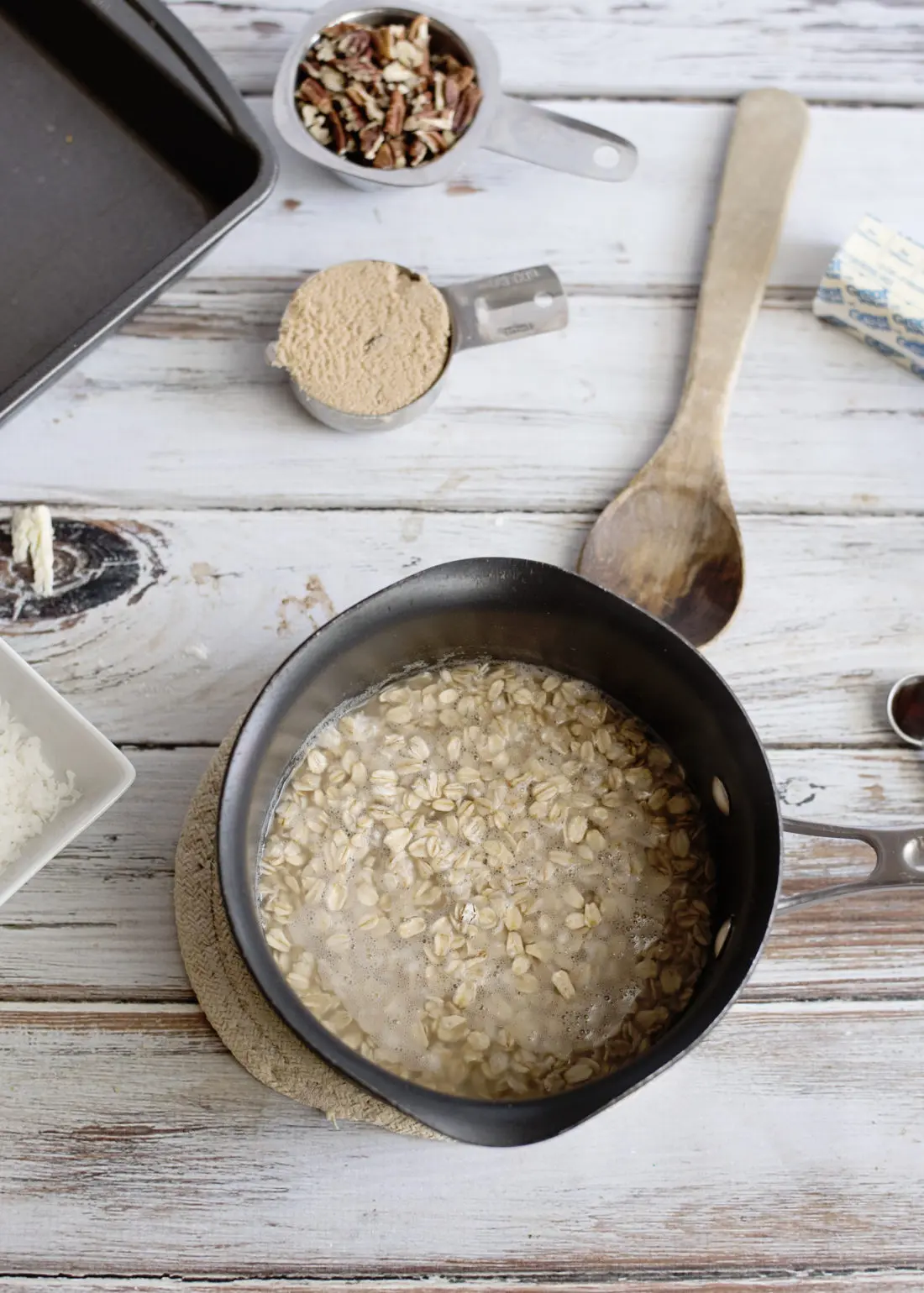 Oatmeal Cake with Coconut Pecan FrostingStep 3 cook the oatmeal in small sauce pan. Fill your home with the smell of an easy to make Grandma's recipe Oatmeal Cake with Coconut Pecan Frosting.
