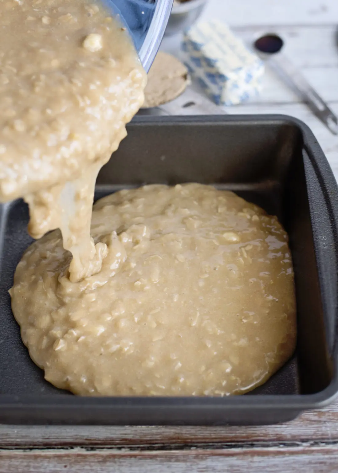 Oatmeal Cake with Coconut Pecan Frosting Step 8 pout into square cooking pan. Fill your home with the smell of an easy to make Grandma's recipe Oatmeal Cake with Coconut Pecan Frosting.