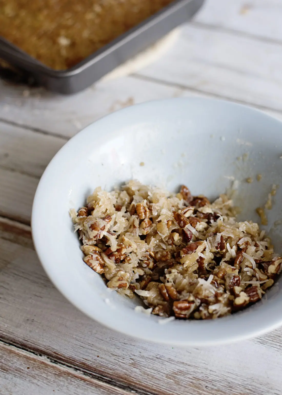 Oatmeal Cake with Coconut Pecan Frosting Step 12 mix toppings ingredients until well blended. Fill your home with the smell of an easy to make Grandma's recipe Oatmeal Cake with Coconut Pecan Frosting.