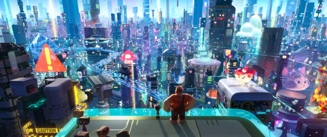 Vanellope von Schweetz and Wreck-It Ralph leave the arcade world behind to explore the uncharted and thrilling world of the internet. In this image, Vanellope and Ralph have a breathtaking view of the world wide web, a seemingly never-ending metropolis filled with websites, apps and social media networks. 