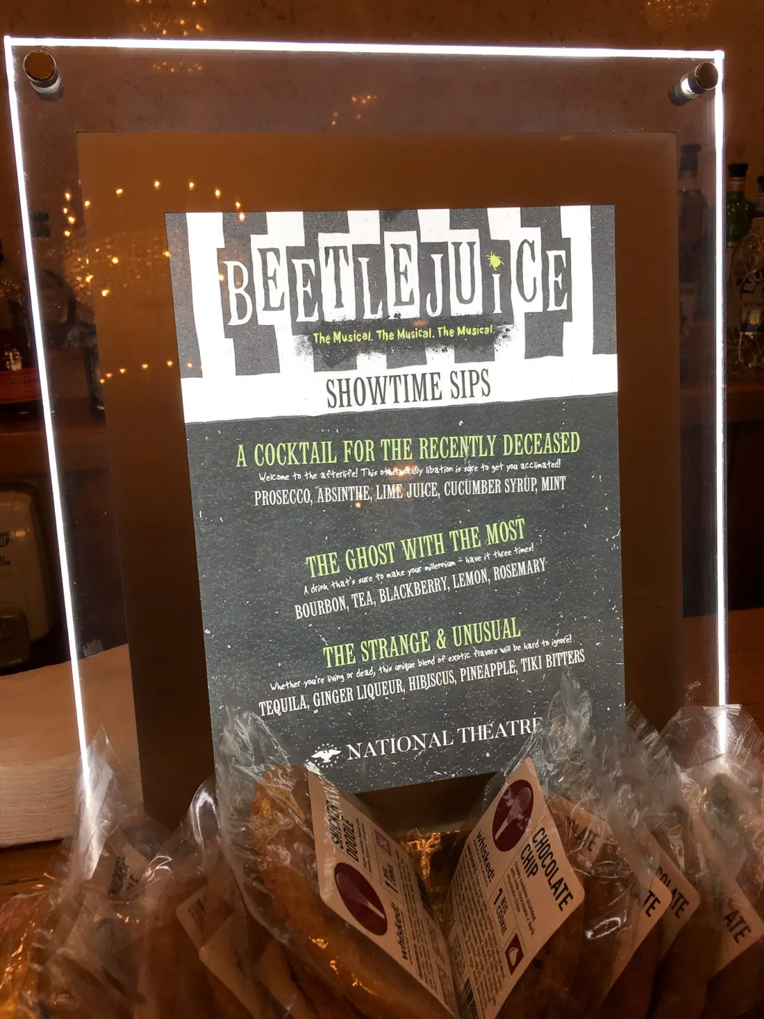 Beetlejuice The Musical Themed Drink Menu. Beetlejuice The Musical will be showing at the National Theater in DC Now till Nov 18, 2018. Follow this Raunchy humorous musical as you explore the world of Beetlejuice even deeper than the previous movie showed.