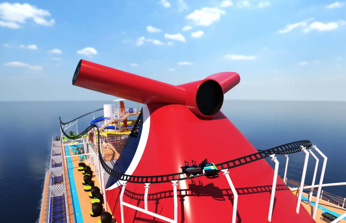 Carnival Cruise Line Bolt Roller Coaster Closeup. Carnival Cruise Line&rsquo;s&nbsp;Mardi Gras&trade;&nbsp;will feature the first-ever roller coaster at sea when it debuts in 2020. Read more about this announcement on my blog.
