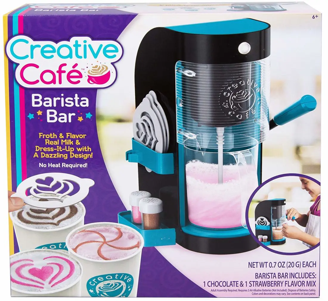 Make yummy chocolate or strawberry drinks with real foamy froth on top with the Creative Cafe Barista Bar. Read about all the toys on my Holiday Gift Ideas For Kids Guide.
