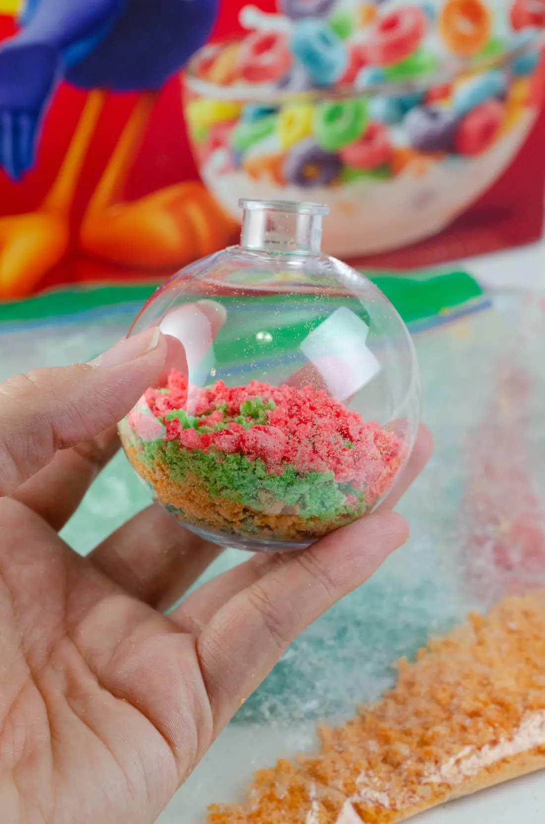 Christmas Ornament Ideas for Kids Using Cereal Abstract In Process DIY. It's time to let the kids be the boss for this new kid-friendly Christmas DIY. Rethink Cereal with somr my Christmas Ornament Ideas for Kids Using Cereal.