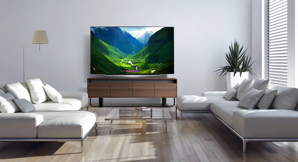 2018 77-inch LG OLED C8 Lifestyle. Bring the movie theater experience home with this 77-inch LG OLED television. Its advanced HDR enhances each scene to 4K quality, and its Intelligent Processor maximizes picture quality by producing images with rich colors, sharpness and depth.