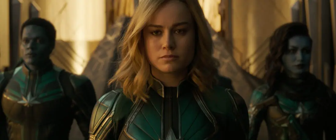 Marvel Studios Captain Marvel closeup Still. Set in the 1990s, Marvel Studios&rsquo;&nbsp;CAPTAIN MARVEL&nbsp;is an all-new adventure from a previously unseen period in the history of the Marvel Cinematic Universe that follows the journey of Carol Danvers as she becomes one of the universe&rsquo;s most powerful heroes.