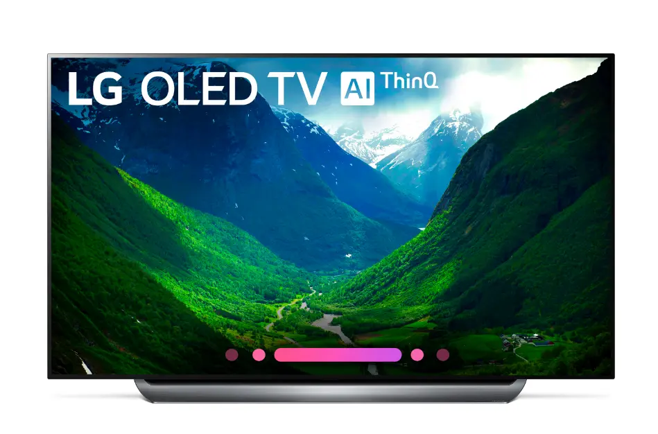 77-inch LG OLED C8 Front View. Bring the movie theater experience home with this 77-inch LG OLED television. Its advanced HDR enhances each scene to 4K quality, and its Intelligent Processor maximizes picture quality by producing images with rich colors, sharpness and depth.