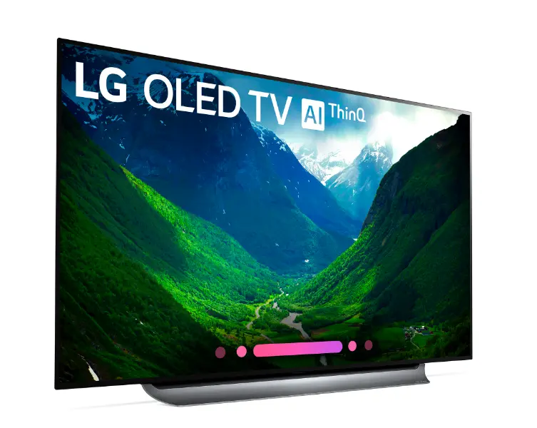 77-inch LG OLED C8 Left View. Bring the movie theater experience home with this 77-inch LG OLED television. Its advanced HDR enhances each scene to 4K quality, and its Intelligent Processor maximizes picture quality by producing images with rich colors, sharpness and depth.