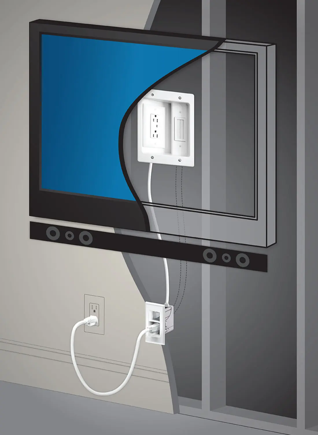 Legrand - In-Wall TV Power Kit Bhind The TV. Hide those ugly TV Cables with the Legrand - In-Wall TV Power Kit, read the full review..