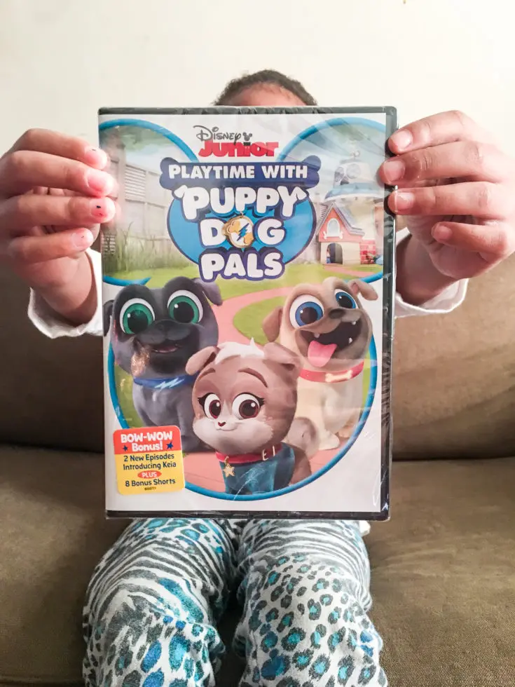 DIsney Junior Playtime With Puppy Dog Plays DVD Girl Holding. Adorable puppy brothers Bingo and Rolly are back! Join the doggy duo on amazing missions in their newest Playtime with Puppy Dog Pals DVD.