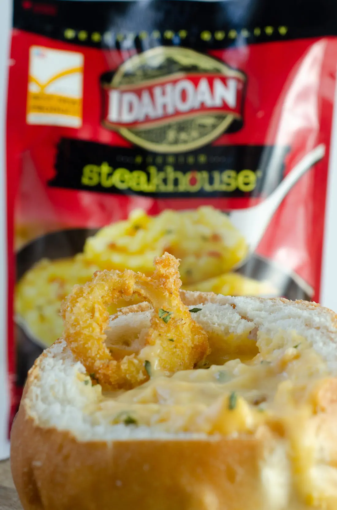 Idahoan Steakhouse Soup in bowl. This crispy restaurant quality Easy Fried Onions will make your taste buds sing. Perfect for helping create Easy Winter Meals With The Family.