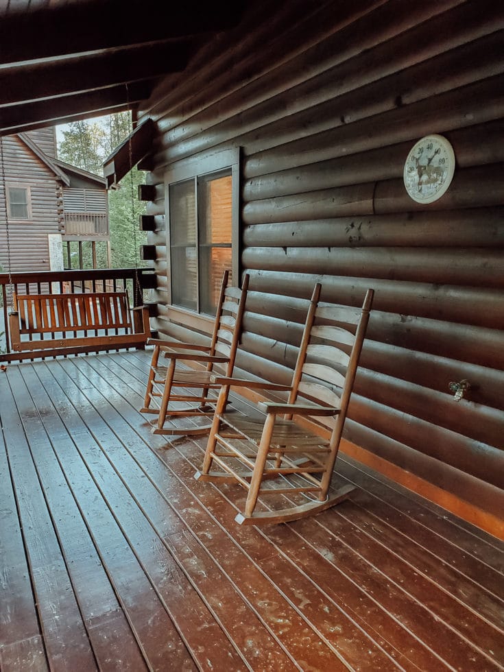 The Mountain Charm Eagles Ridge Resorts Cabin Front Porch. The Mountain Charm 3 Bedroom Cabin at Eagles Ridge Resort offers ample space and luxury. The perfect place to stay during a family vacation to Pigeon Forge, TN.