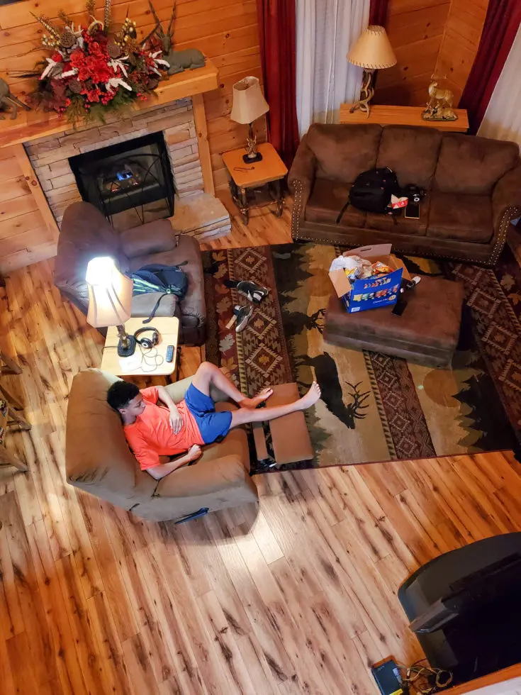 The Mountain Charm Eagles Ridge Resorts Cabin Living Room Overhead. The Mountain Charm 3 Bedroom Cabin at Eagles Ridge Resort offers ample space and luxury. The perfect place to stay during a family vacation to Pigeon Forge, TN.