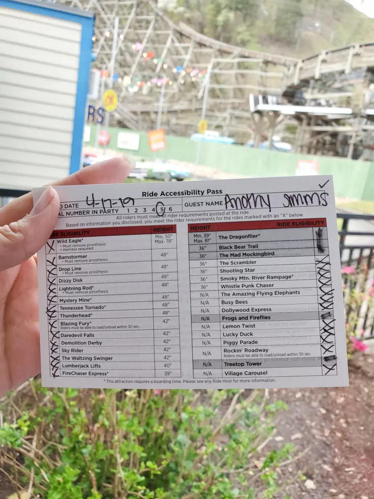 Accessibility Pass Dollywood. The accessibility program at Dollywood offers guests with disabilities to use a separate entrance and line for almost every ride in the park. Like many accessibility programs, you are asked to sign up for a pass each visit to the park. 