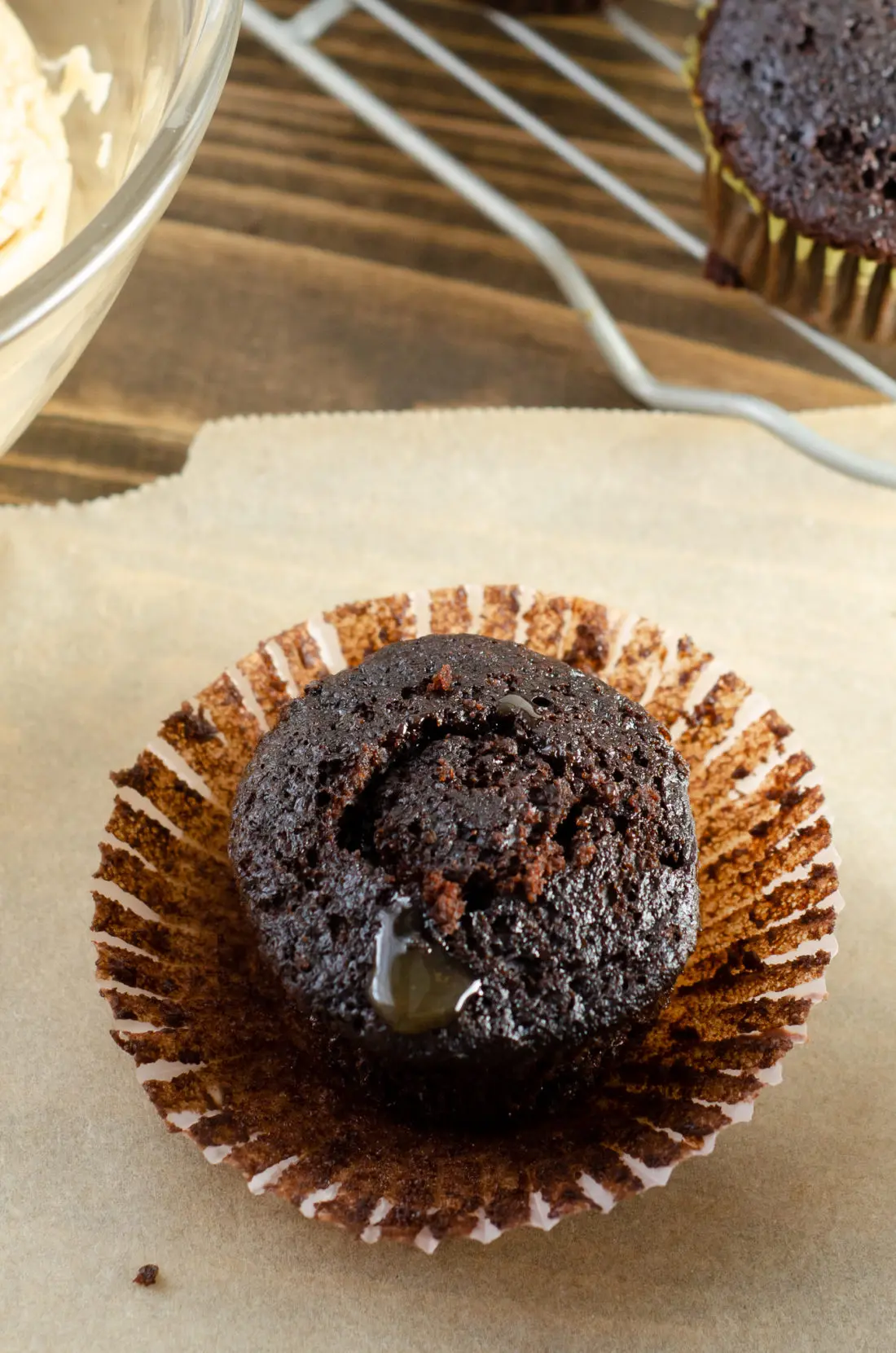 Super Moist Chocolate Cupcakes From Scratch caramel filling. Celebrate any occasion with these decadent Super Moist Chocolate Cupcakes From Scratch with Salted Caramel Frosting and Caramel Filled Center. This homemade recipe is so easy to create, the kids can join in.