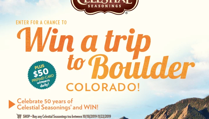 celestial seasonings win a trip to boulder Colorado Sweepstakes. Enter for a chance to win prizes daily or to win the Grand Prize Trip to Boulder, CO.