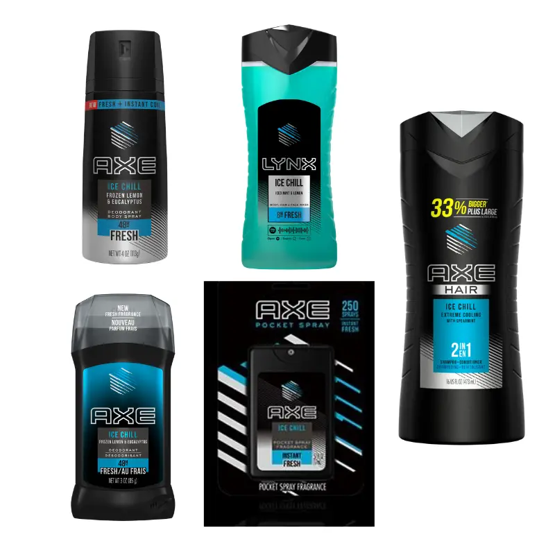 AXE Chill Products. AXE reminds guys that they&rsquo;re hotter when they&rsquo;re chill. The line is available in body spray, antiperspirant deodorant stick, body wash, 2-in-1 shampoo & conditioner, and pocket spray.