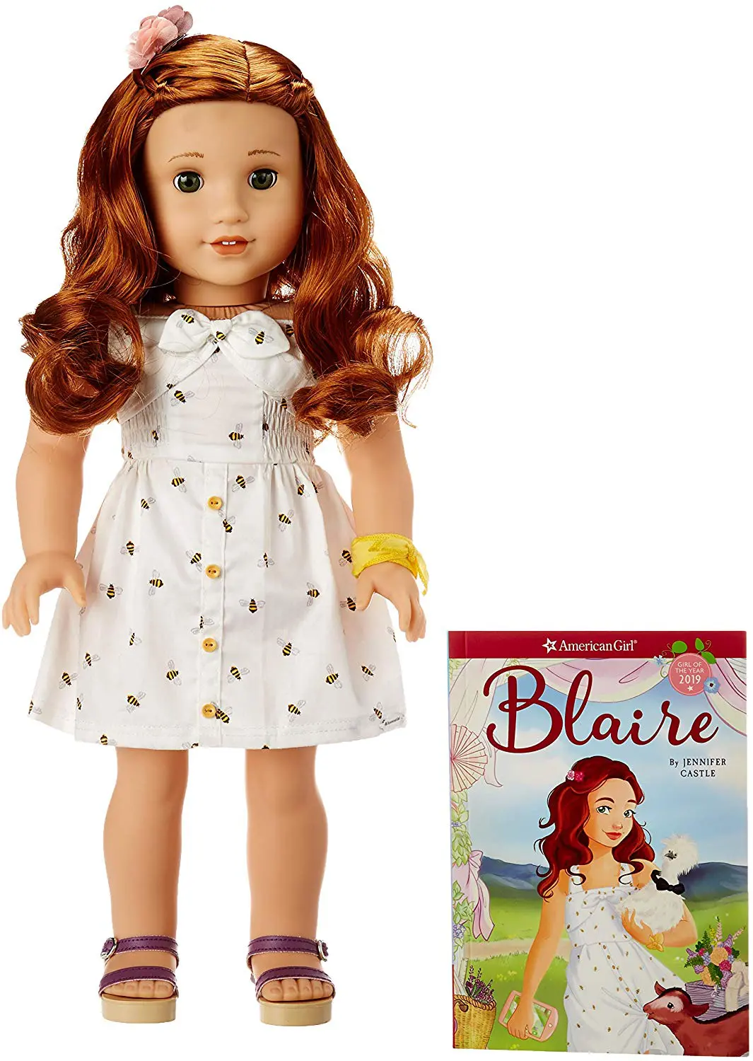 American Girl Doll Blaire. Meet Blaire, the 2019 Girl of the Year! She&rsquo;s a chef-in-training, party planner, and chicken wrangler at her family&rsquo;s farm and restaurant. The 18" Blaire doll has bright green eyes that open and close, and curly red hair. She has a huggable cloth body, and her movable head and limbs are made of smooth vinyl. She comes with the Blaire paperback book, plus her signature outfit: