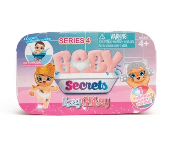 Itzy Glitzy Baby Secrets Mystery Pack. Is it a boy or is it a girl? Dip your Baby Secret in water, if the diaper turns pink, it's a girl! If the diaper turns blue, it's a boy! 32 new Itzy Glitzy Babies to Collect! Look out for the Limited Edition Sparkle Royal Baby!