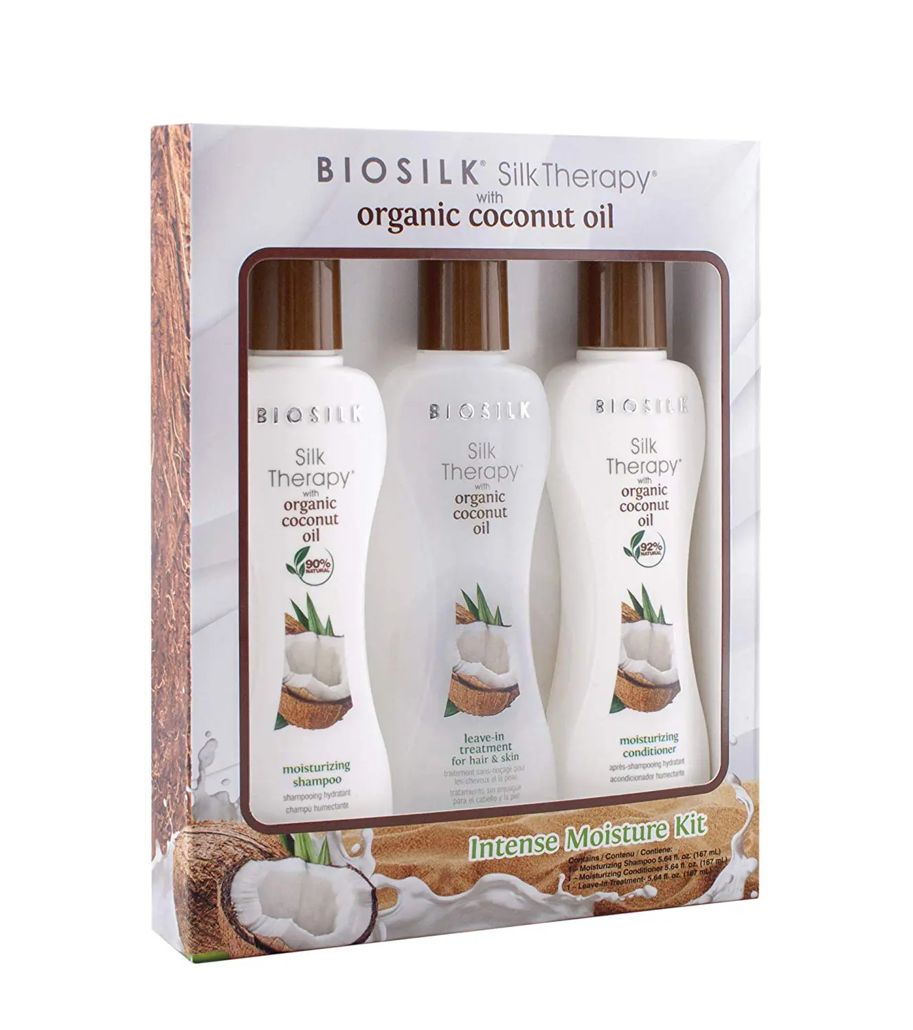 Biosilk Silk Therapy with Organic Coconut Oil Intense Moisture Kit. Specifically formulated to cleanse and nourish while also providing intense moisture to the hair and skin. Infused with Organic Coconut Oil and Silk.