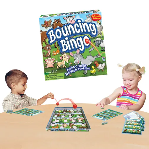 Bouncing Bingo. This is Bingo with a fun twist! One by one players take turns bouncing the special ball into the Bingo platform. When the ball lands in one of the animal spots, you place a chip on your card, on that same animal. The first player to get four chips in a row has bounced their way to a Bingo and wins!