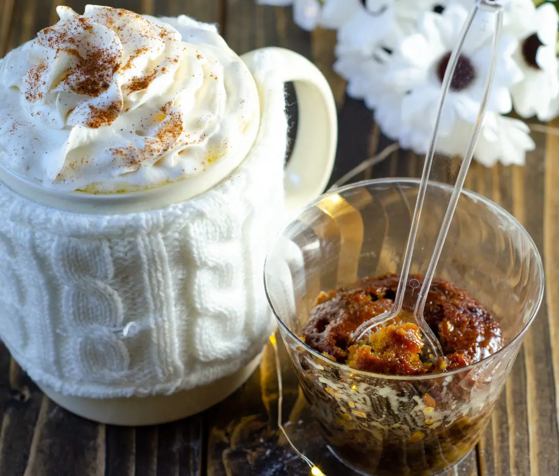 Sticky Toffee Pudding Almond Butterbeer Latte. Mix up something delicious for your family this coming up holiday. Indulge in a warm cup of my Almond Milk Butterbeer Latte with a side of Sticky Toffee Pudding.