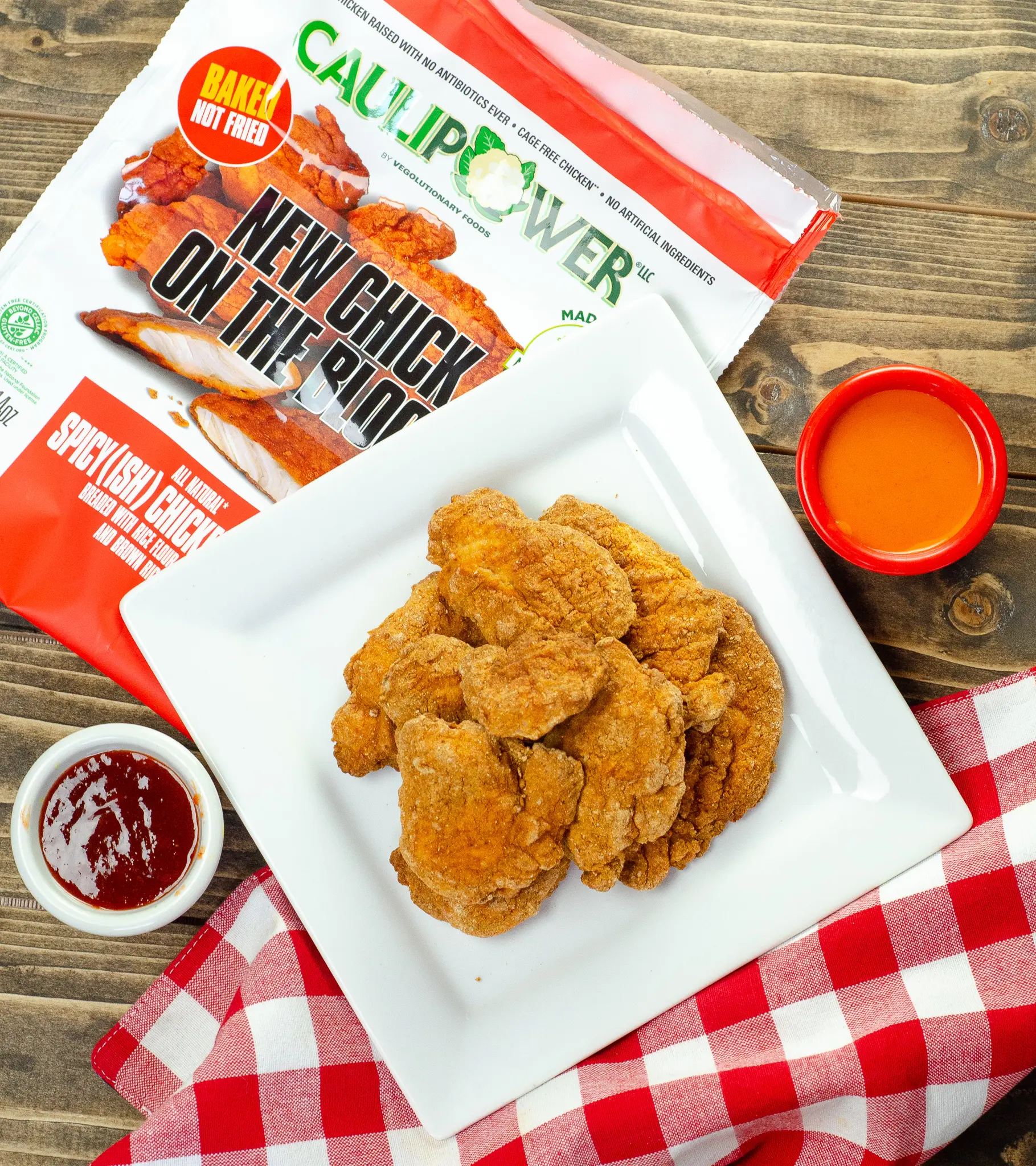 CAULIPOWER Chicken Tenders. CAULIPOWER's game-changing frozen chicken tenders start with high-quality chicken breast meat, coated with cauliflower and other gluten-free goodness, and then they are BAKED (not fried).