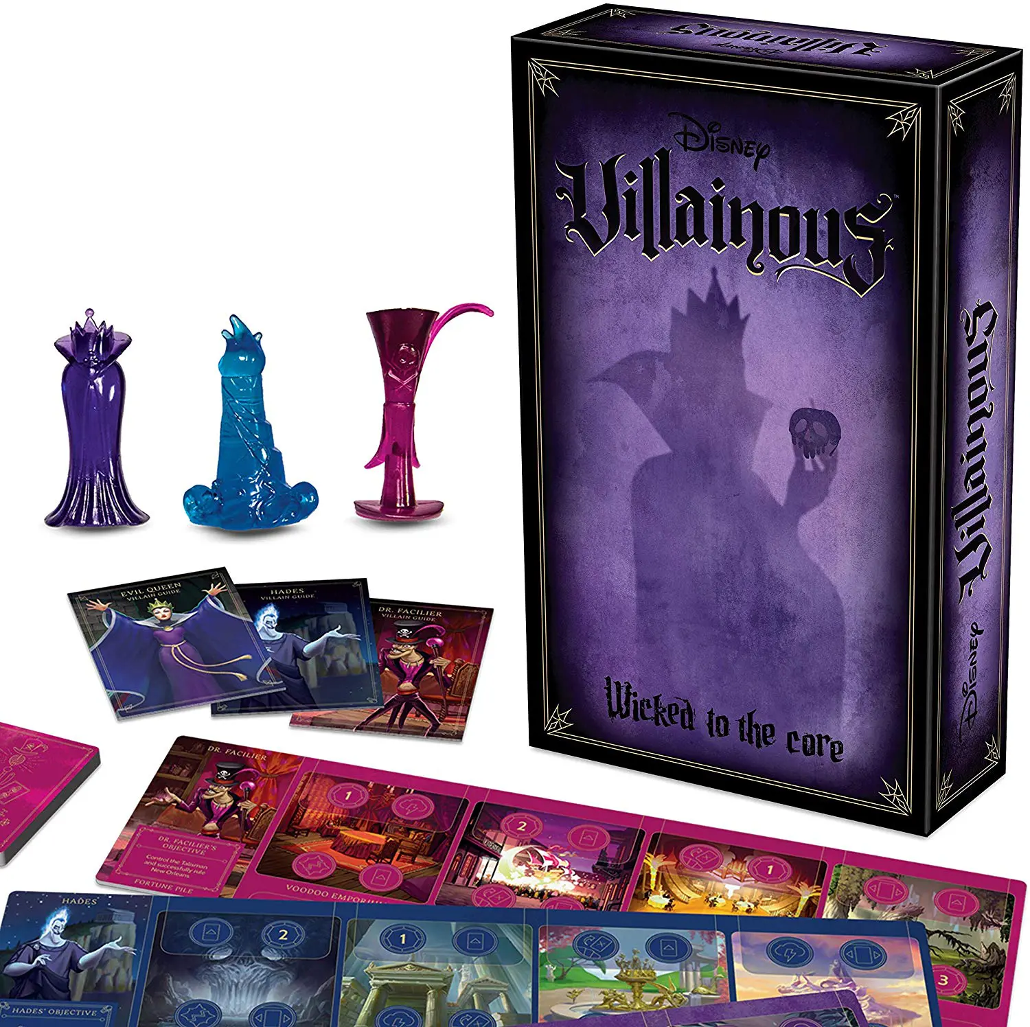 Disney Villianous Wicked To The Core. Take on the role of a Disney villain striving to achieve your devious objective. Discover unique abilities while dealing twists of fate to your opponents! Who will triumph in this contest of sinister power? Great for Disney fans and families - Whether you're playing with a group of devoted Disney fans, classic strategy gamers, or with your family, evil comes prepared is perfect for any game night occasion and makes a great gift for Disney lovers!