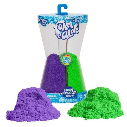 Double the fun with the Foam Alive Double Flip Pack! It contains two Foam Alive colors - Purple Pulse and Go Go Green in a cool hour-glass shaped reusable storage container. Flip it to flow and watch it go! It magically comes to life! Foam Alive is soft, squishy, fluffy foam that mysteriously moves in "Flow Motion".