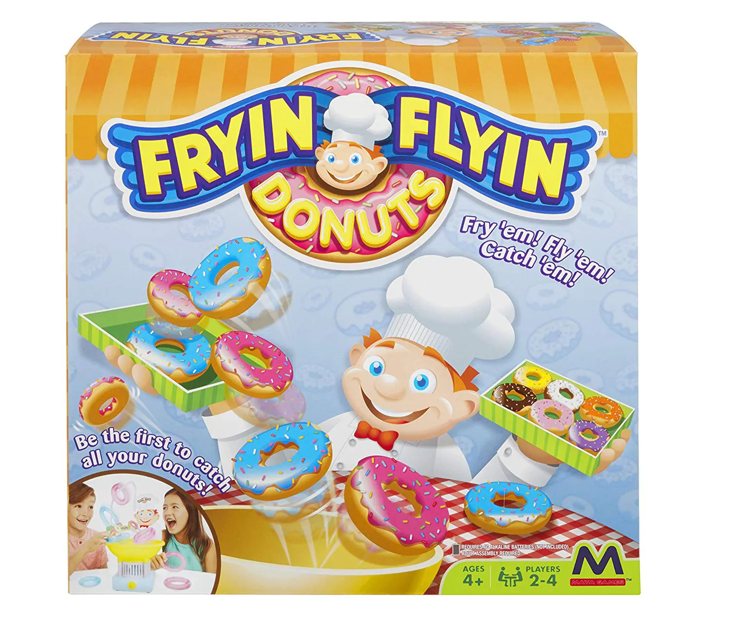 Fryin' Flyin Donuts. FAMILY GAME NIGHT JUST GOT EVEN BETTER! Try and catch all of your donuts in this action packed game of strategy that just might take a little bit of luck too! Be the first player to fry and fly all of your donuts into the Baker's box and you win!